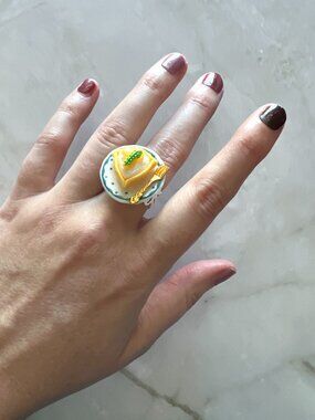 Lemon Meringue Teacup Ring | Hand-Painted Ceramic | Miniature Food Jewelry